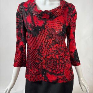 St. John Vintage Evening Red & Black Floral Sequin Knit Top Size Small